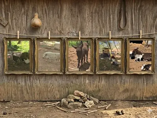 Collage of farm animals at Bat Cave Road Farm petting zoo in Old Fort, NC — peacock, pig, donkey, chickens, and goats pictured in gold frames hanging on a rustic barn wall near Asheville, Western North Carolina