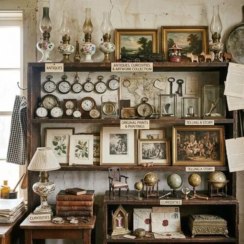 Antique books and paper collection for sale at Bat Cave Road Farm thrift shop — out-of-print volumes, vintage cookbooks, old dictionaries, children's books, and handwritten recipe cards on rustic shelves in Old Fort, NC