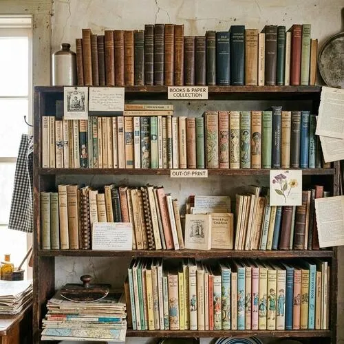 Antique books and paper collection for sale at Bat Cave Road Farm thrift shop — out-of-print volumes, vintage cookbooks, old dictionaries, children's books, and handwritten recipe cards on rustic shelves in Old Fort, NC