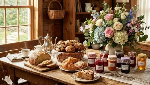 Fresh-baked goods and homemade preserves at Bat Cave Road Farm farmstand in Old Fort, NC — sourdough bread, blueberry muffins, croissants, and jars of strawberry rhubarb jam, raspberry jam, peach ginger, blackberry jelly, and honey alongside a fresh-cut flower bouquet