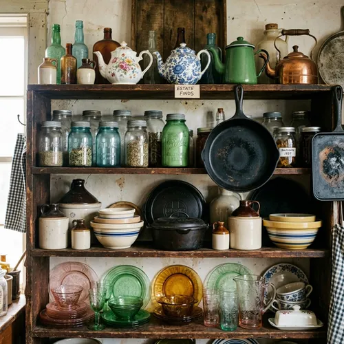 Vintage kitchenware estate finds at Bat Cave Road Farm thrift shop — antique cast iron skillets, Atlas mason jars, depression glass plates, stoneware crocks, and floral teapots on rustic wooden shelves in Old Fort, NC