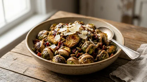 Crispy Brussels Sprouts with Bacon & Pepitas